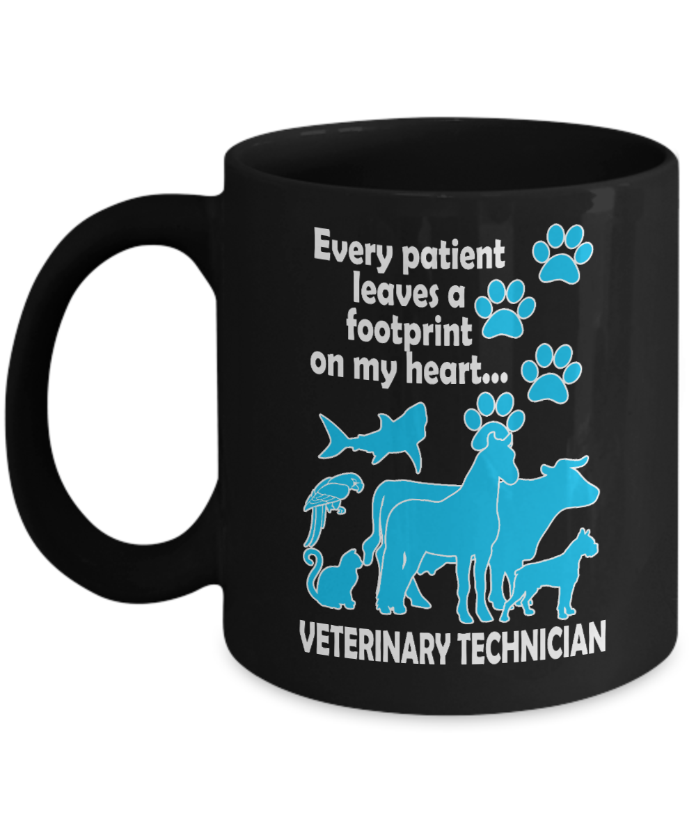 Vet Tech Coffee Mug, Every Patient Leaves A Footprint On MY Heart... Veterinary Technician-Black Porcelain Coffee Mug 11 oz