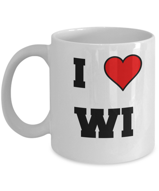 Wisconsin Mug, I Love Wisconsin WI Abbreviation USA States Ceramic Coffee Mug Tea Cup Gifts Mugs 11 oz Funny Mugs