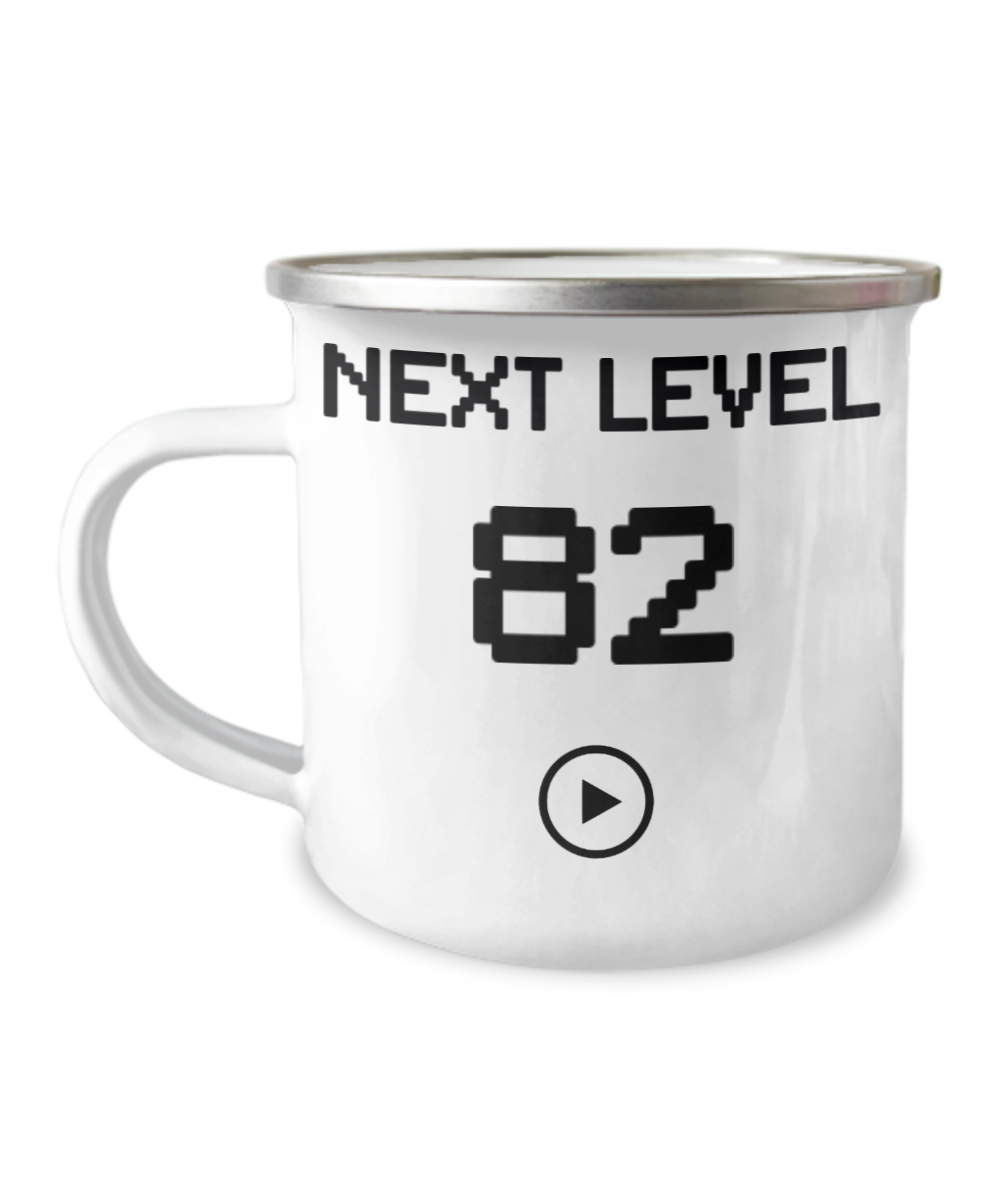 82nd Birthday Coffee Mug, Next Level 82, Gamer Coffee Mug, Birthday Mug- 12 Oz Stainless Steel Enamel Finish White Camper Coffee Mug