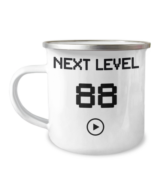88th Birthday Coffee Mug, Next Level 88, Gamer Coffee Mug, Birthday Mug- 12 Oz Stainless Steel Enamel Finish White Camper Coffee Mug
