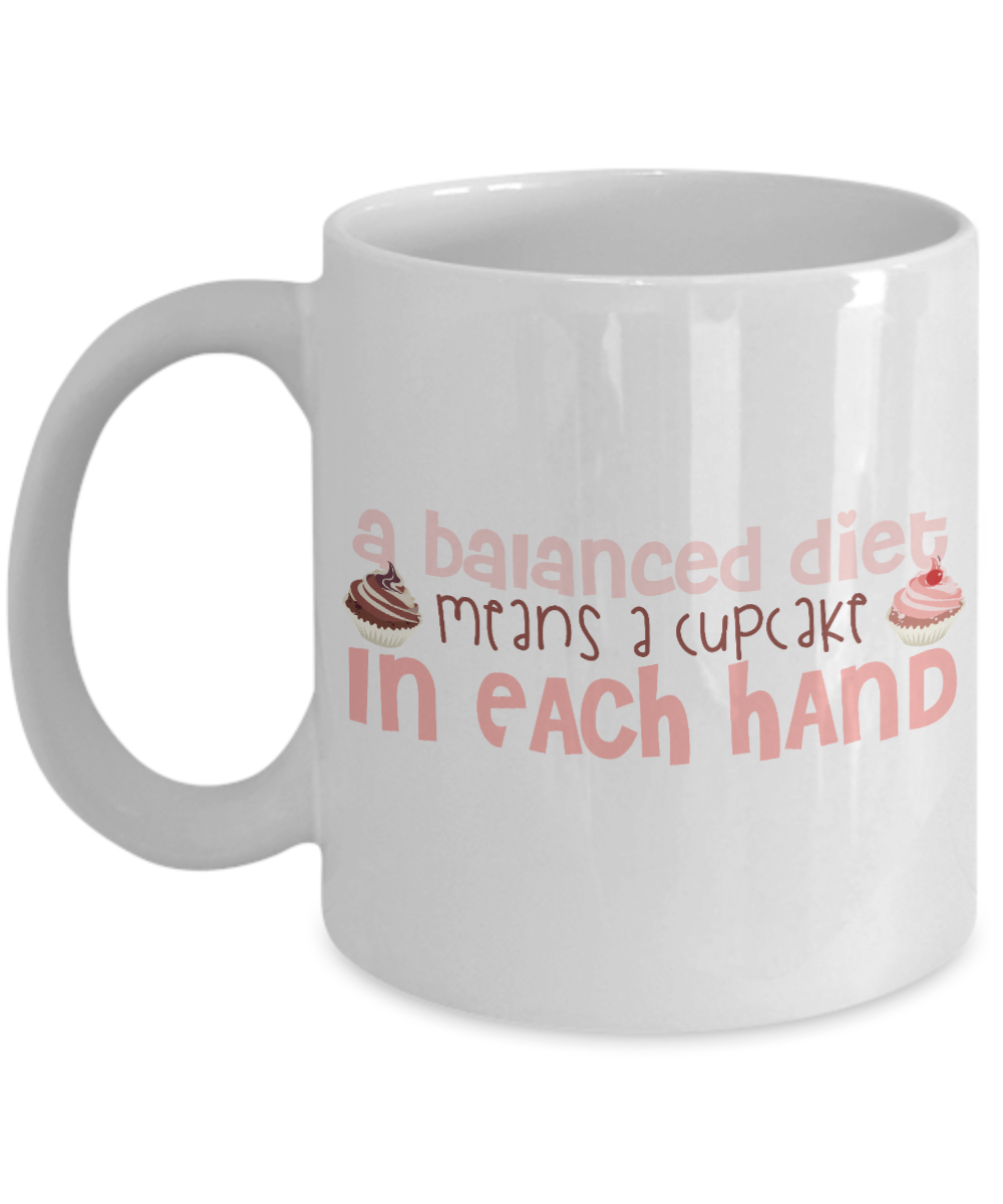 A Balanced Diet Means A Cupcake In Each Hand- White Porcelain Coffee Mug 11 Oz Funny Quotes Coffee Mug