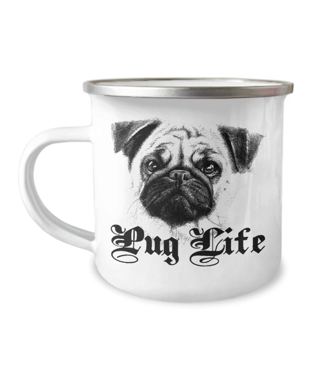 Coffee Mug For dog lovers , Pug Life - 12 Oz Stainless Steel Enamel Finish White Camper Coffee Mug