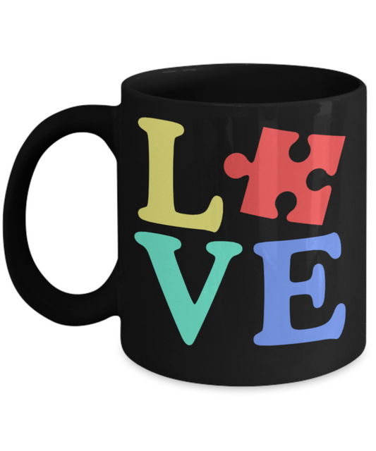 Love - Black Coffee Mug Porcelain Tea Cup 11 oz - Great Gift