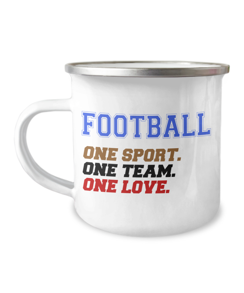 Football Lover Coffee Mug, Football One Sport One Team One Love -12 Oz Stainless Steel Enamel Finish White Camper Coffee Mug