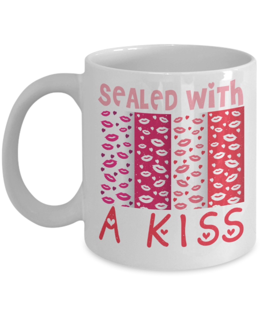 Kiss Lovers Mugs, Sealed with a Kiss - Funny White Porcelain Coffee 11 oz