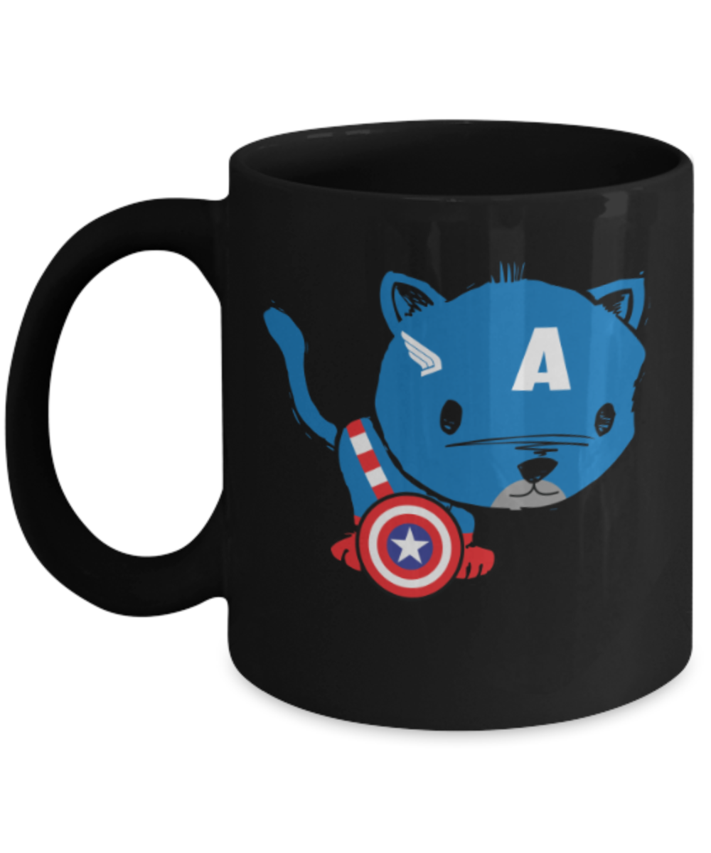 Gift gor cat lovers , Catp'n America - Black Coffee Mug Porcelain Tea Cup 11 oz - Great Gift