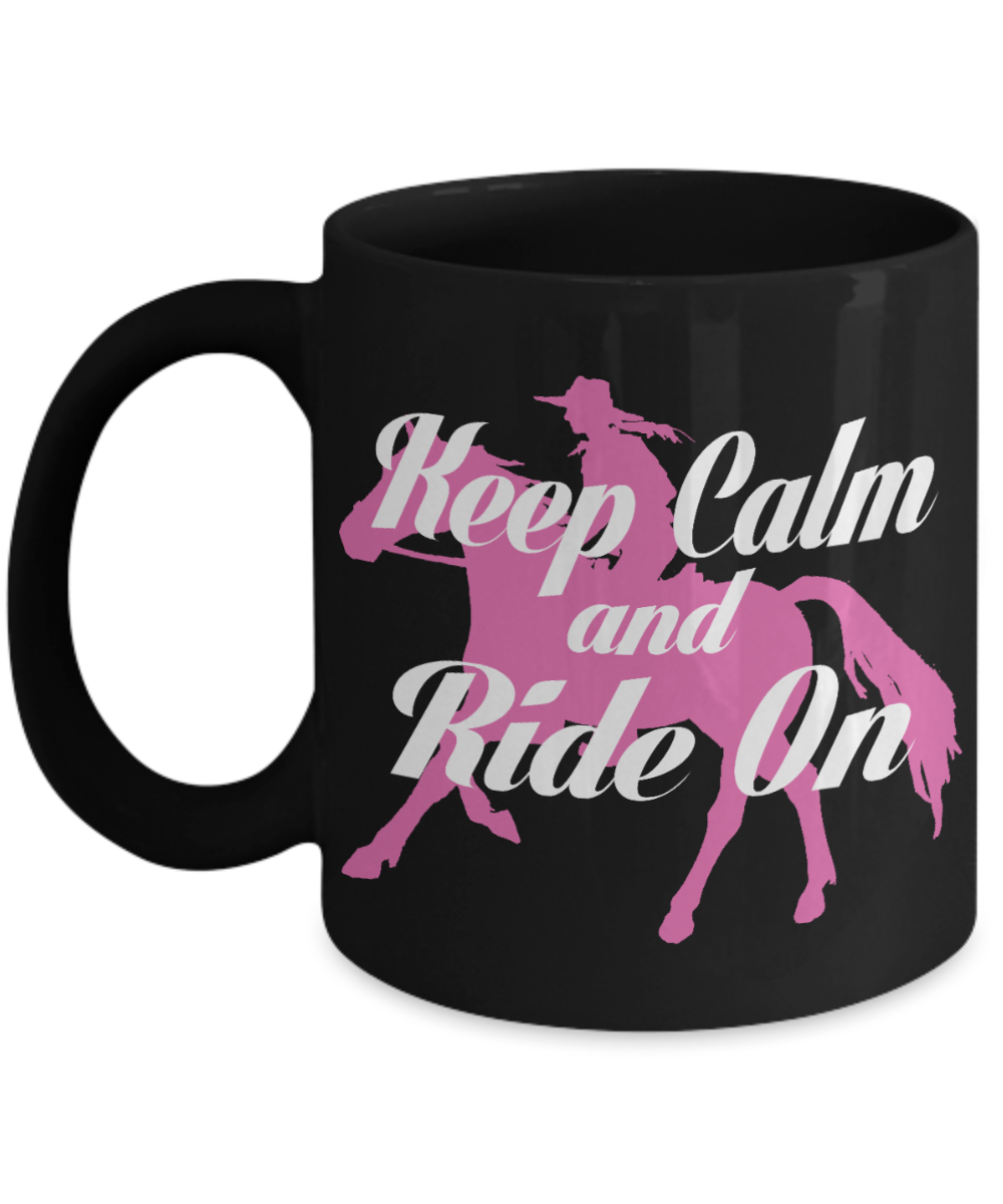 Horseback Rider Gift Coffee Mug, Keep Calm And Ride On  -Black Porcelain Coffee Mug 11 oz For Horse Rider, Horse Lover, Cowgirl, Cowboy