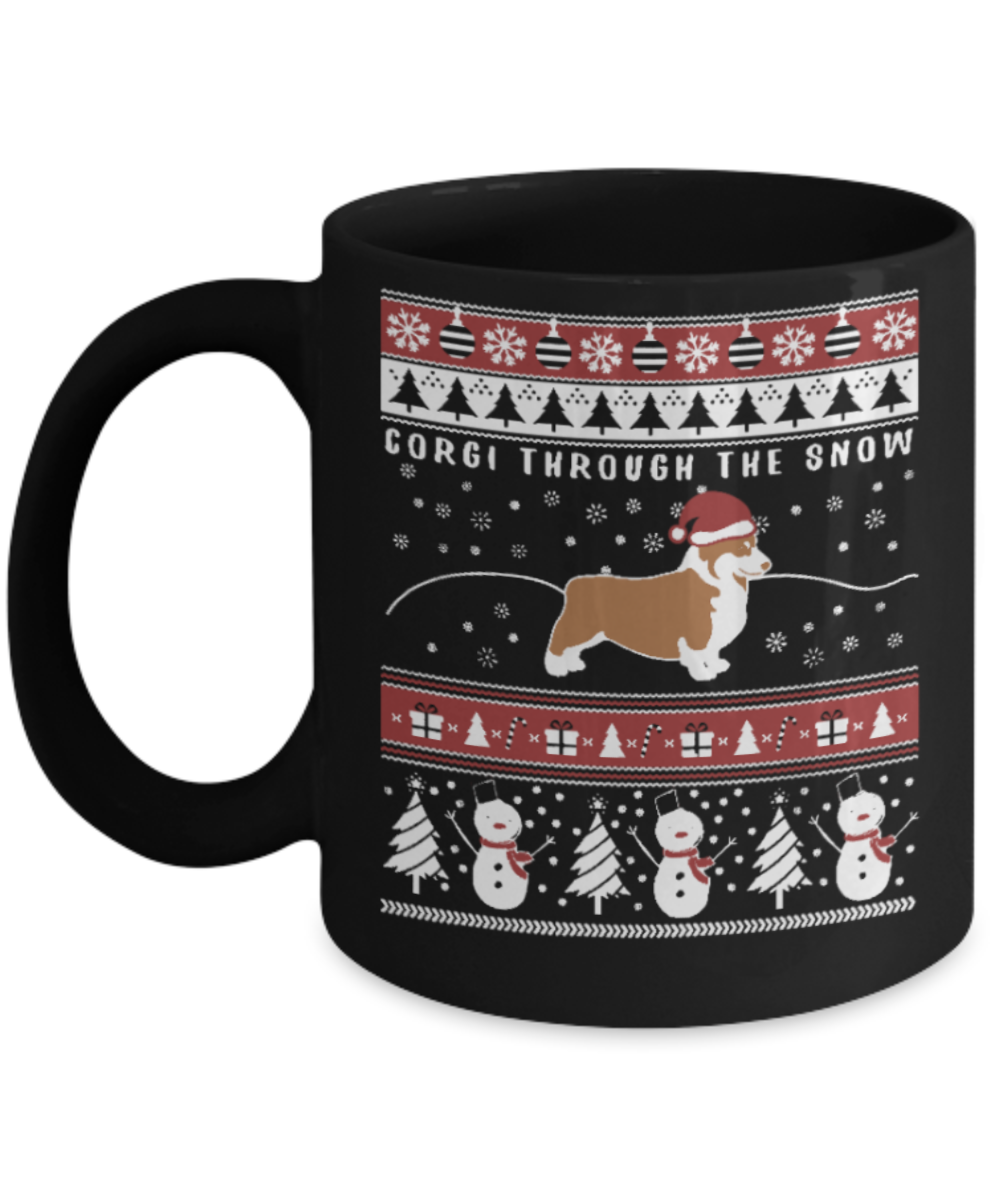 Peets coffee k cups christmas blend , Corgi through the snow - Black Coffee Mug Porcelain Tea Cup 11 oz - Great Gift