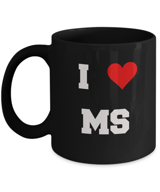 Mississippi Mug, I Love Mississippi MS Abbreviation USA States Ceramic Black Coffee Mug Tea Cup Gifts Mugs 11   oz Funny Mugs