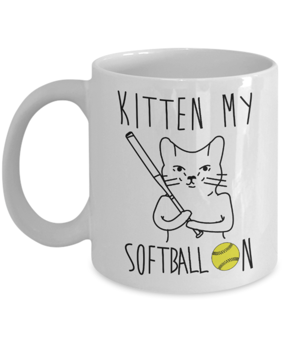 Gift gor cat lovers , Kitten my softball on - White Coffee Mug Porcelain Tea Cup 11 oz - Great Gift