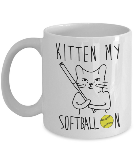 Gift gor cat lovers , Kitten my softball on - White Coffee Mug Porcelain Tea Cup 11 oz - Great Gift