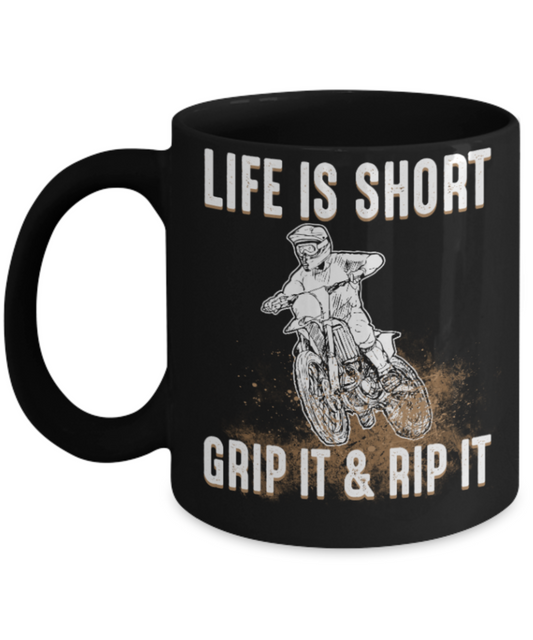 Biking Lovers Mugs , Grip it and Rip it - Black Coffee Mug Porcelain Tea Cup 11 oz - Great Gift