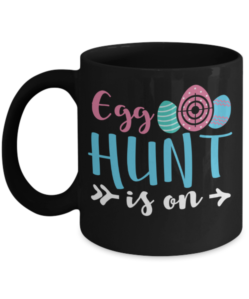 Personal creations gifts easter mugs - Egg hunt is On - Black Porcelain Coffee Mug Cute Ceramic Cup 11 oz