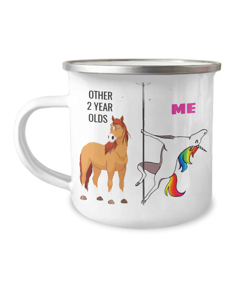 Unicorn Birthday gift 2nd Birthday Camper Mug - Other 2 Year Olds Me Unicorn Coffee Mug -12 Oz Stainless Steel Enamel Finish White Camper Coffee Mug