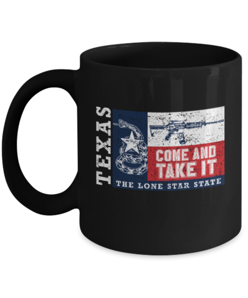 Gunrights Texas Mugs, Come and Take it - Black Coffee Mug Porcelain Tea Cup 11 oz - Great Gift
