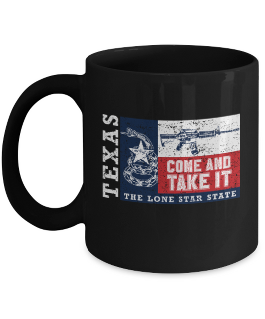 Gunrights Texas Mugs, Come and Take it - Black Coffee Mug Porcelain Tea Cup 11 oz - Great Gift