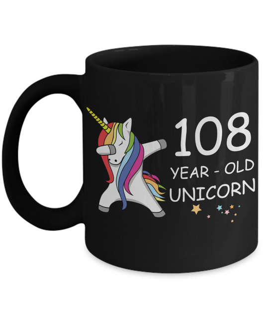 108th Birthday Gift for Women - 108 Year Old Unicorn Dabbing Mug - Funny Black Porcelain Coffee 11 oz for Grandma, Mom, Sister, Best Friend, Women, Her - Legends are Born In 1912