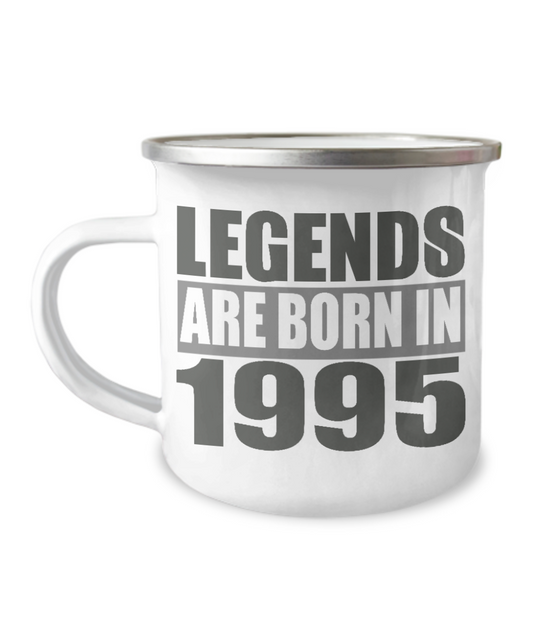 26th Birthday Coffee Mug, Legends Are Born In 1995- 12 Oz Stainless Steel Enamel Finish White Camper Coffee Mug
