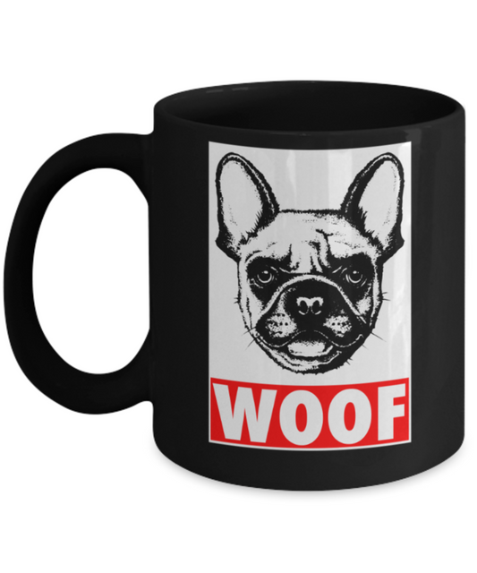 Gift gor dog lovers , Woof - Black Coffee Mug Porcelain Tea Cup 11 oz - Great Gift
