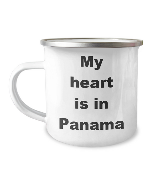 My heart is in Panama Premium Coffee Mug-12 Oz Stainless Steel Enamel Finish White Camper Coffee Mug