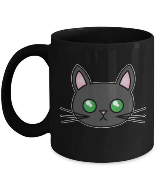 Gift gor cat lovers , Cats green eyes - Black Coffee Mug Porcelain Tea Cup 11 oz - Great Gift