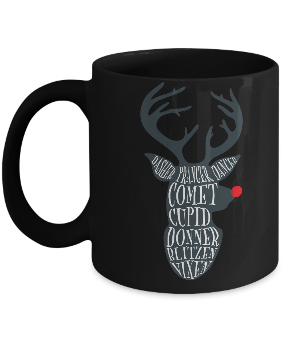 Knightmare before christmas mug - Reindeer Names - Funny Christmas Gifts Mugs, Christmas Gifts for family Ceramic Cup Black, Funny Mugs Gift Ideas 11 Oz