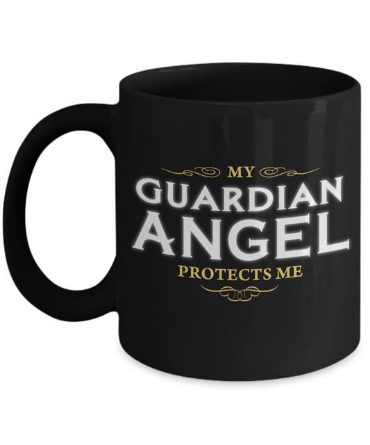 My Guardian Angel protects me - Funny Black Porcelain Coffee Mug Cute Ceramic Cup 11 oz