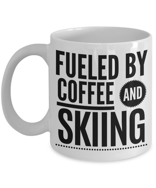 Fueled by coffee and skiing - Funny Black Porcelain Coffee Mug Cute Ceramic Cup 11 oz