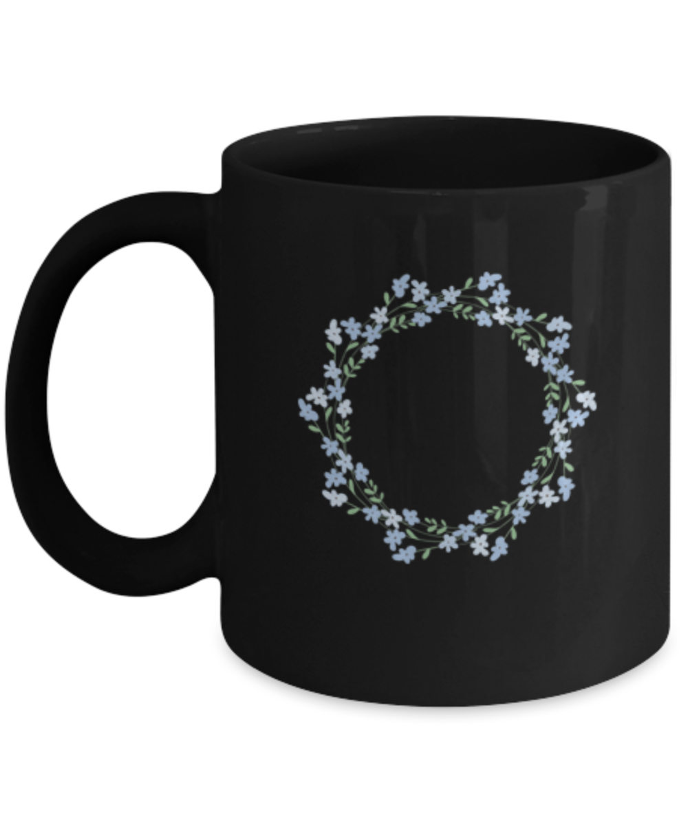 Wreath Blue Textured Black Mugs - Funny Black coffee mugs 11 oz