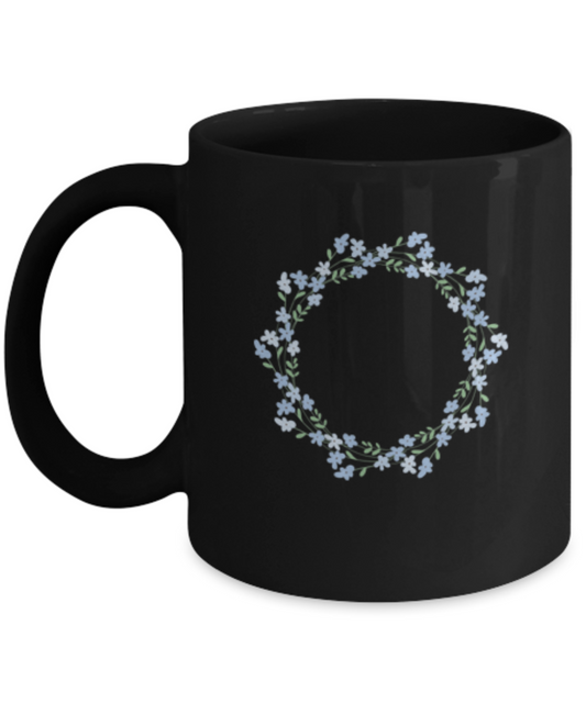 Wreath Blue Textured Black Mugs - Funny Black coffee mugs 11 oz