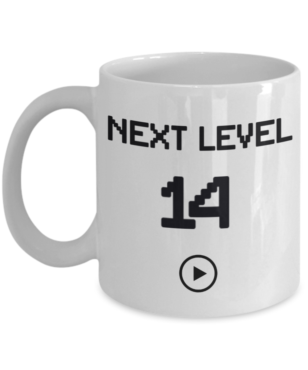 14th Birthday Gift Coffee Mug For Kids, Next Level 14, Gamer Coffee Mug, Birthday Mug- White Porcelain Coffee Mug 11 Oz Funny Quotes Coffee Mug