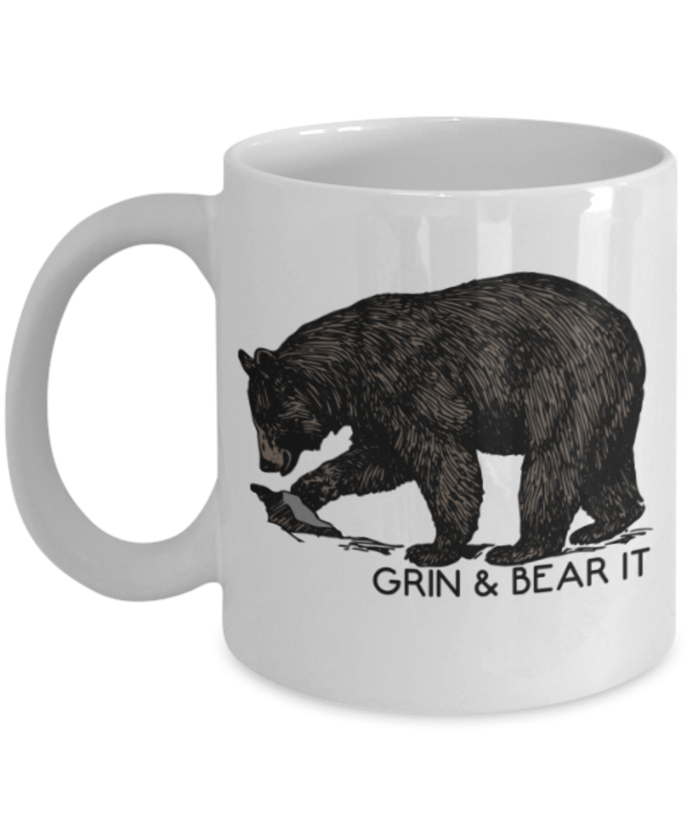 Gift gor Bear lovers , Grin & Bear it - White Coffee Mug Porcelain Tea Cup 11 oz - Great Gift