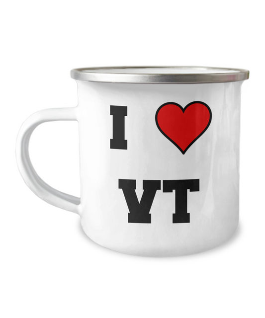 Vermont Camper Coffee Mug, I Love Vermont VT Abbreviation USA States - 12 Oz Stainless Steel Enamel Finish White Camper Coffee Mug