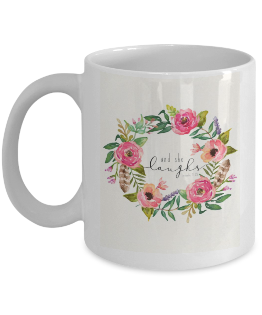 Religious coffee mugs , And she laughs - White Coffee Mug Tea Cup 11 oz Gift