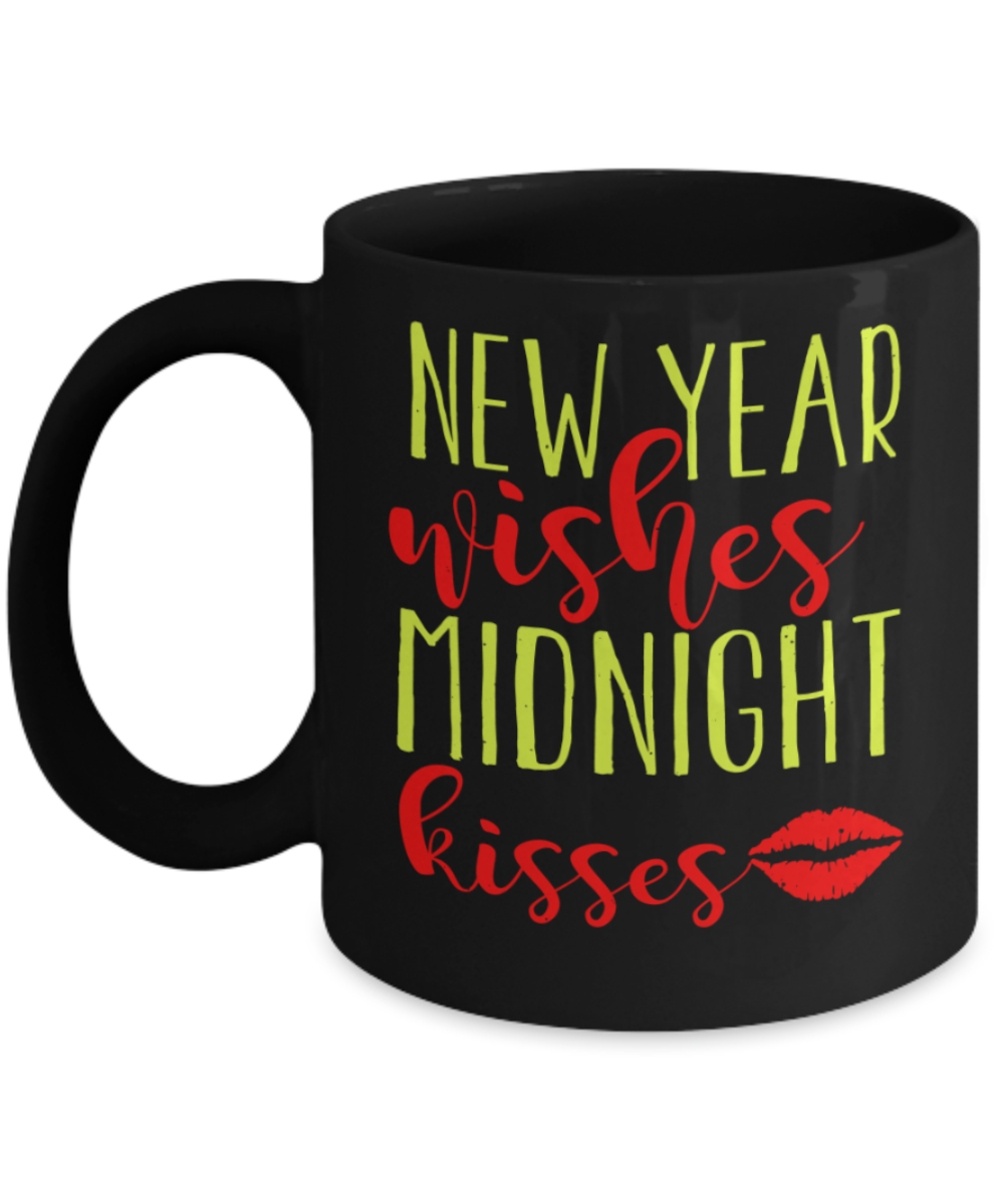 New Year gifts mugs, New year wishes Midnight kisses - Funny Black Porcelain Coffee Mug Cute Ceramic Cup 11 oz