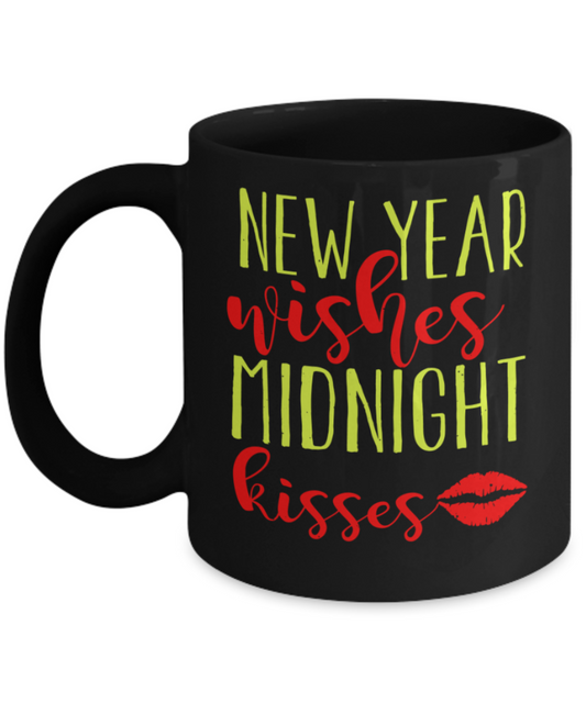 New Year gifts mugs, New year wishes Midnight kisses - Funny Black Porcelain Coffee Mug Cute Ceramic Cup 11 oz