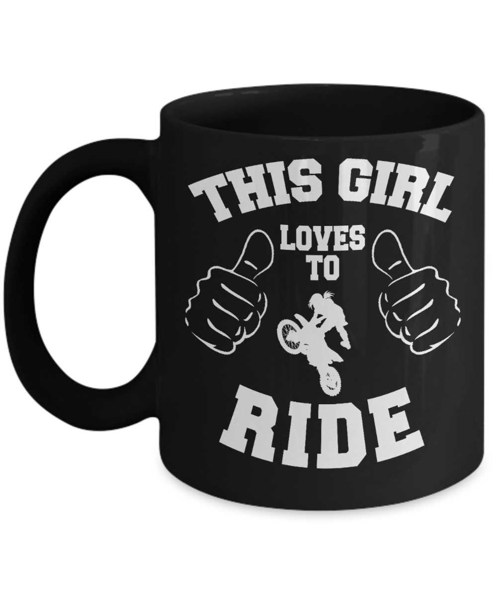 Motorcycle Rider Gift Coffee Mug, This Girl Loves To Ride -Black Porcelain Coffee Mug 11 oz For Bike, Rider, Girlfriend, For Her, Mother, Sister, Women