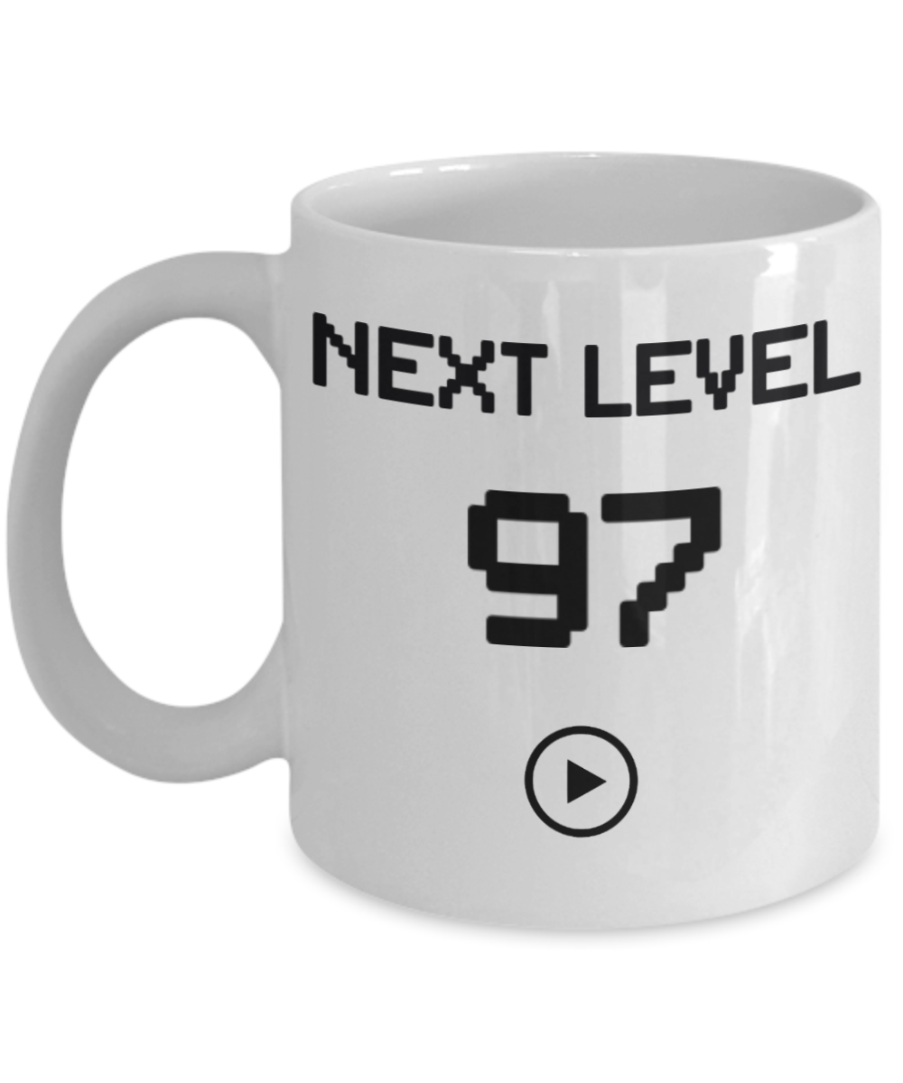 97th Birthday Coffee Mug, Next Level 97, Gamer Coffee Mug, Birthday Mug- White Porcelain Coffee Mug 11 Oz Birthday Coffee Mug