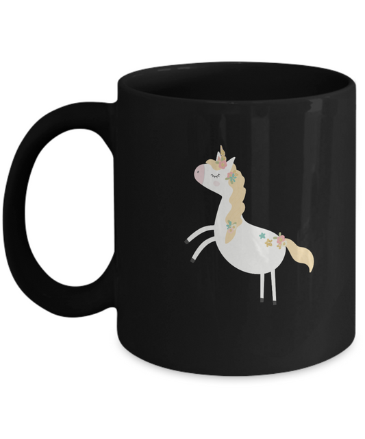 Floral white unicorn Black Mugs - Funny Christmas Gifts - Black coffee mugs 11 oz