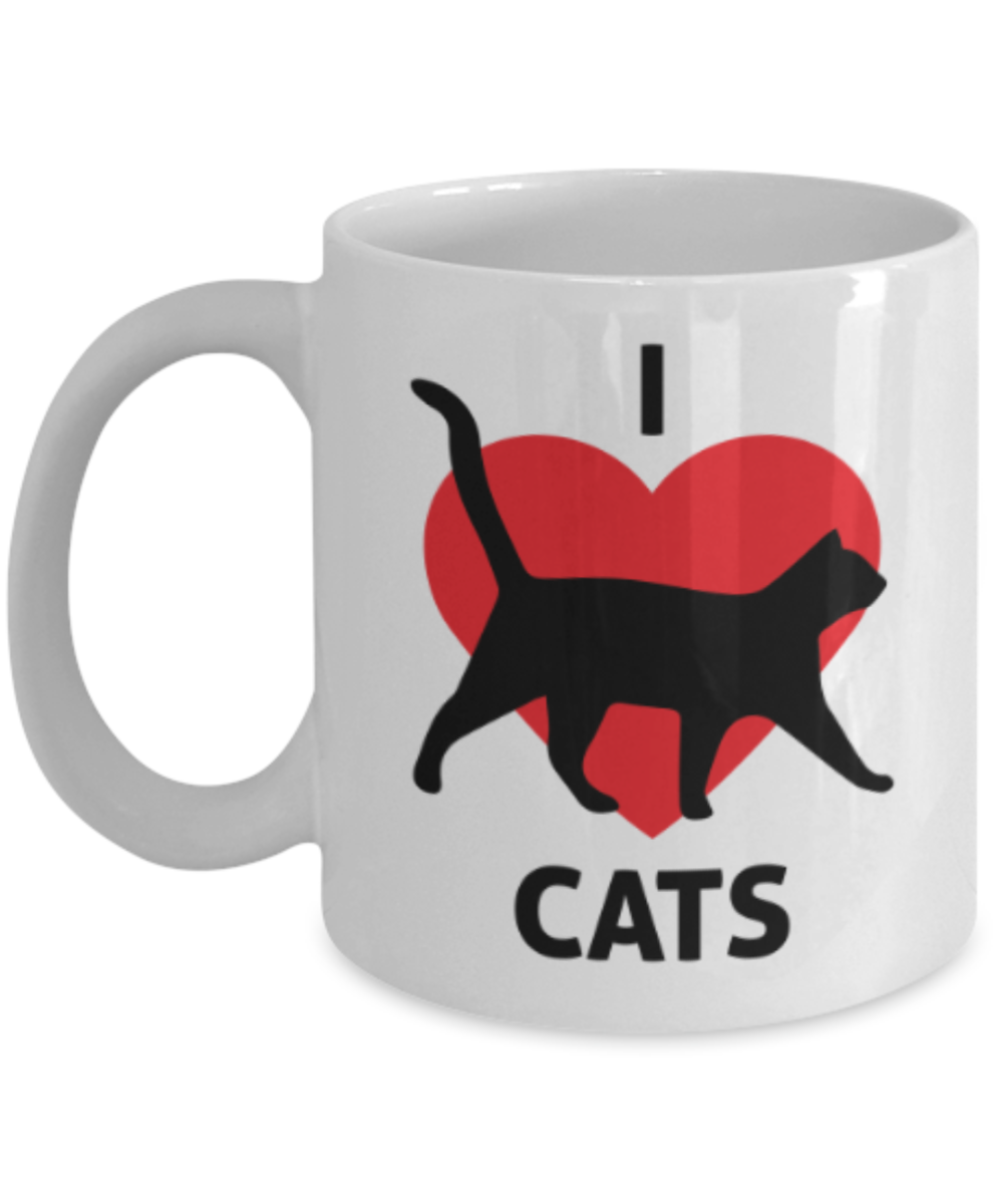 Cats Lovers Gifts , I Love Cats - White Coffee Mug Porcelain Tea Cup 11 oz - Great Gift