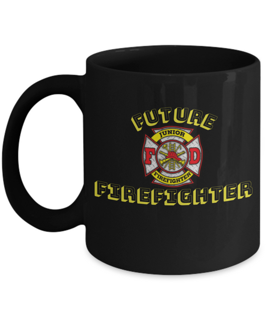Future Firefighter Coffee Cup- Black Porcelain Coffee Cup,Premium 11 oz Black coffee cup