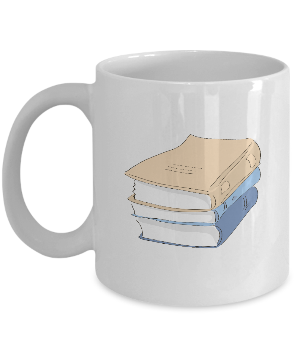 Books in pile White Mugs - Funny Coffee Mugs - White coffee mugs 11 oz