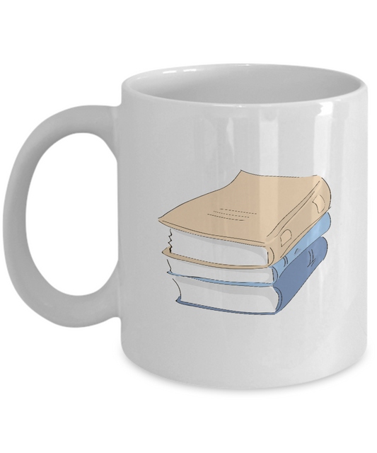 Books in pile White Mugs - Funny Coffee Mugs - White coffee mugs 11 oz