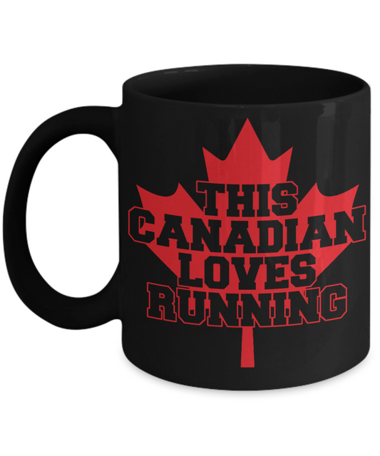 Canadian Gift Coffee mug, This Canadian Loves Running-Black Porcelain Coffee Mug 11 oz