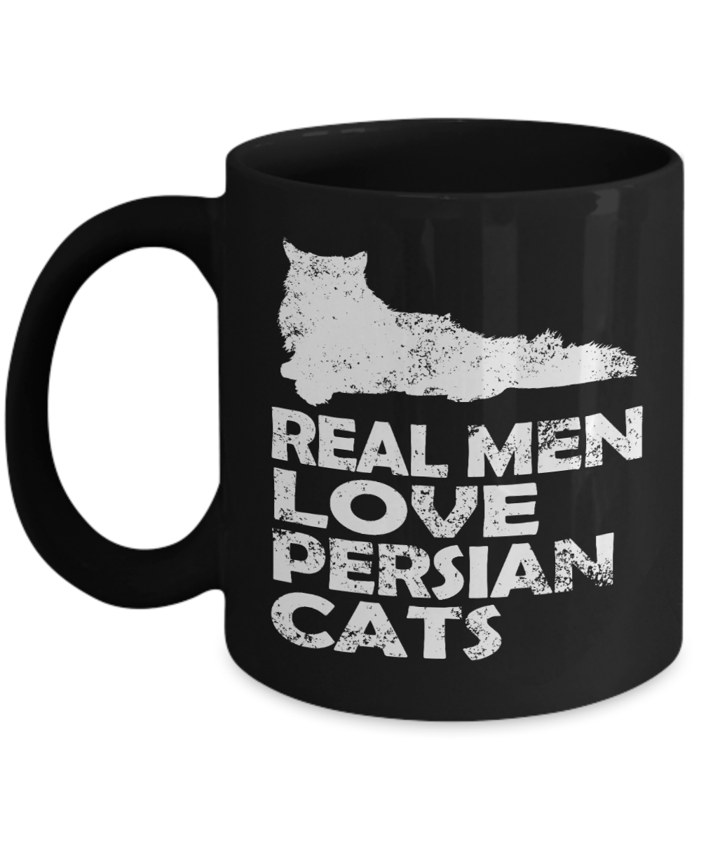 Cat Lover Coffee Mug, Real Men Love Persian Cats-Black Porcelain Coffee Mug 11 oz for Husband, Father, Boyfriend, Cat Lover