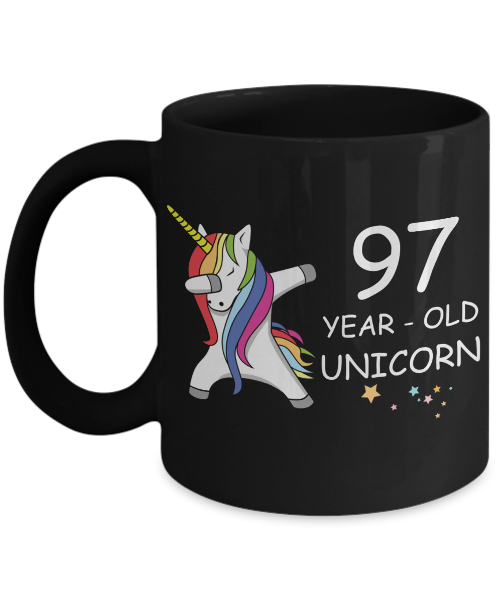 97th Birthday Gift for Women - 97 Year Old Unicorn Dabbing Mug - Funny Black Porcelain Coffee 11 oz for Grandma, Mom, Sister, Best Friend, Women, Her - Legends are Born In 1923