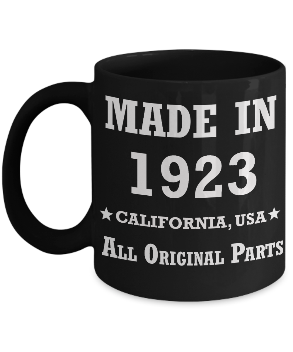 96th birthday gifts for Men/Women - Made in 1923 All Original Parts California - Best 96th Birthday Gifts for family Ceramic Cup Black, Funny Mugs Gift Ideas 11 Oz