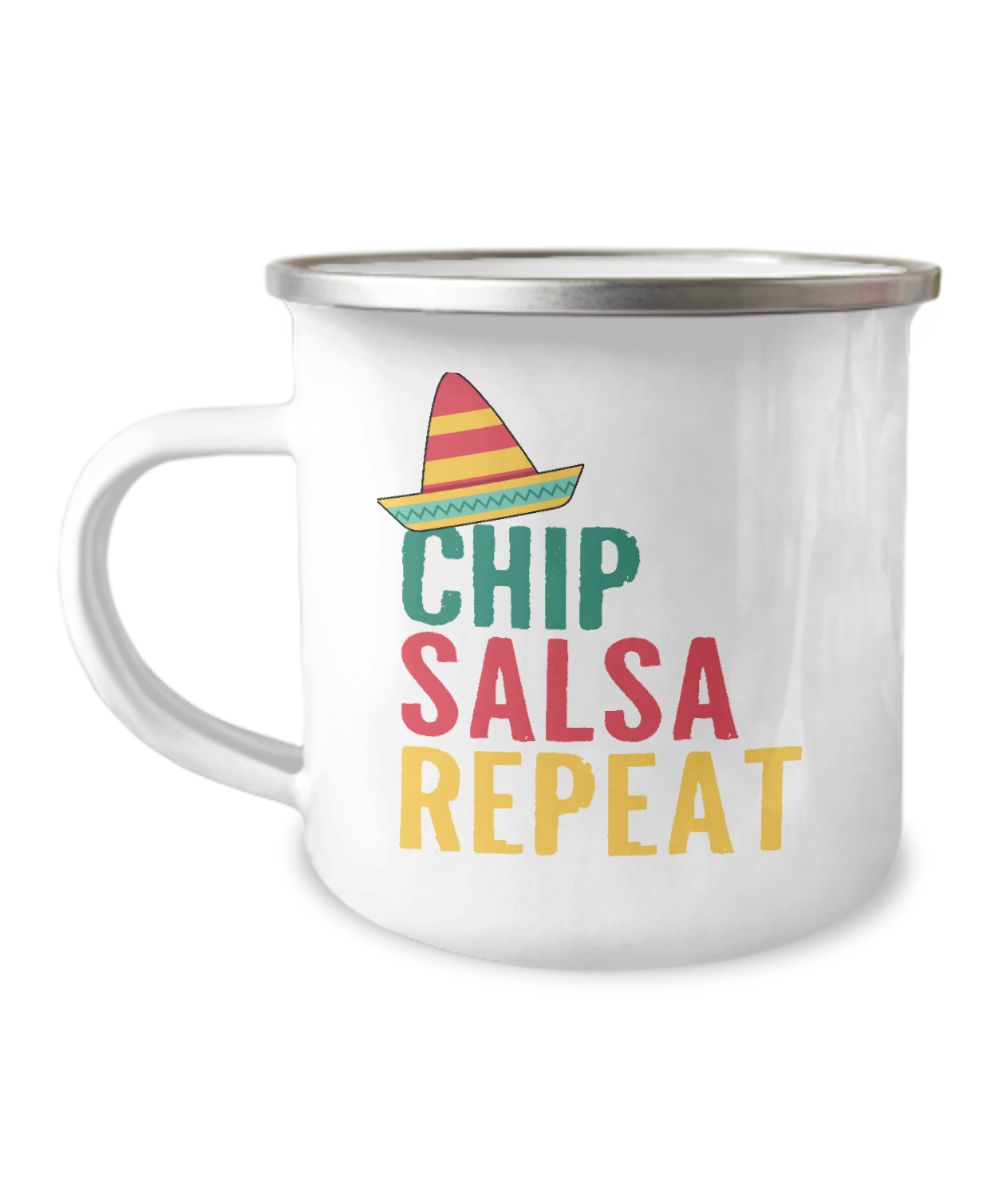 Chip Salsa Repeat- 12 Oz Stainless Steel Enamel Finish White Camper Coffee Mug