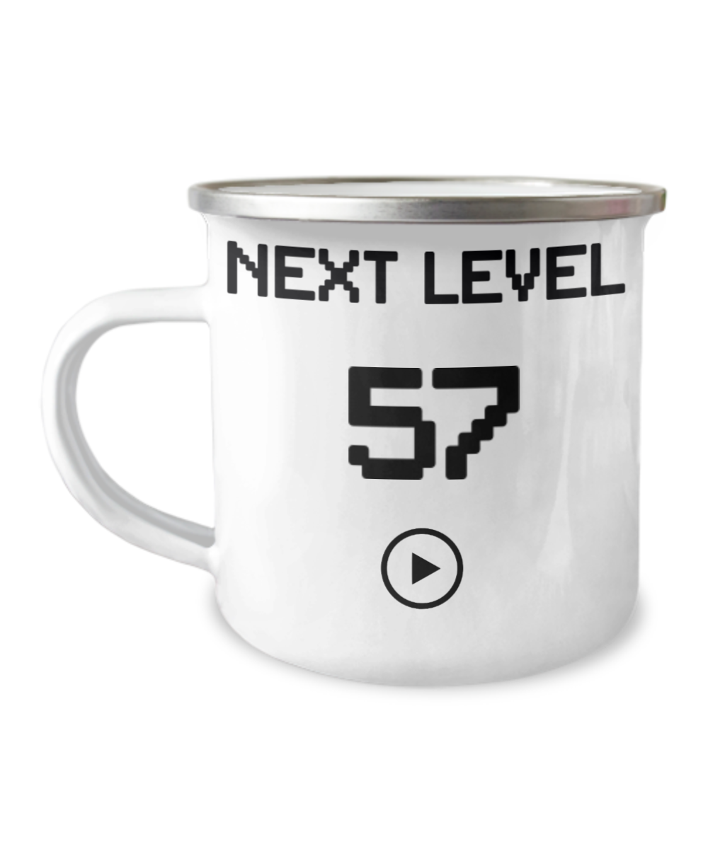 57th Birthday Coffee Mug, Next Level 57, Gamer Coffee Mug, Birthday Mug- 12 Oz Stainless Steel Enamel Finish White Camper Coffee Mug