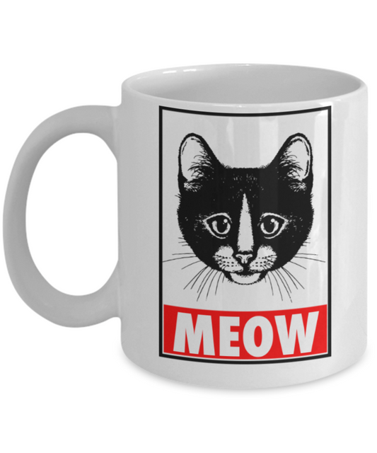 Gift gor dog lovers , Meow - White Coffee Mug Porcelain Tea Cup 11 oz - Great Gift